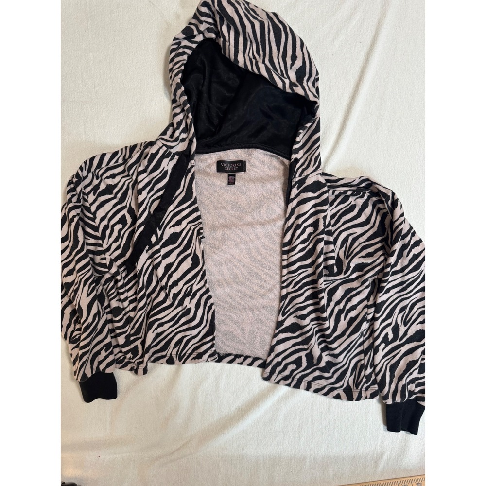 Victorias Secret Zebra Print Cropped Hoodie Black White Open Front Small